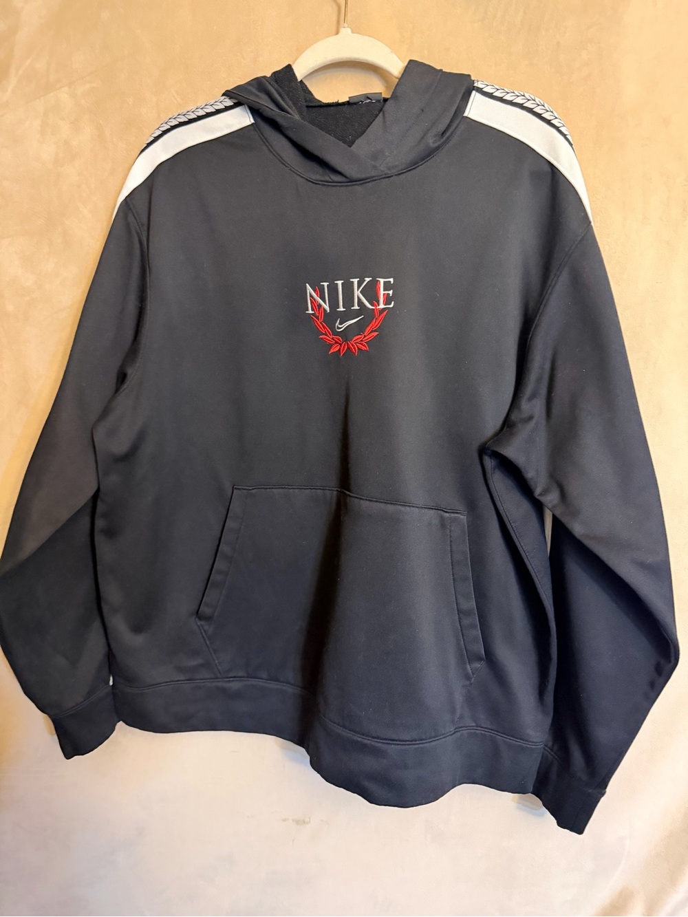 Nike Black Crewneck Hoodie with White Shoulder Panels and Red Logo